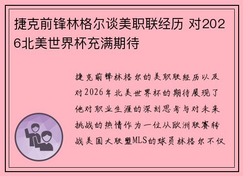 捷克前锋林格尔谈美职联经历 对2026北美世界杯充满期待 捷克前锋林格尔谈美职联经历 对2026北美世界杯充满期待
