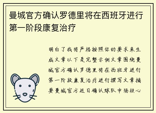 曼城官方确认罗德里将在西班牙进行第一阶段康复治疗 曼城官方确认罗德里将在西班牙进行第一阶段康复治疗